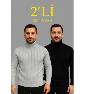 Erkek Fitilli Kazak Tam Boğazlı Balıkçı Yaka Triko 2'li Set Gri-Siyah