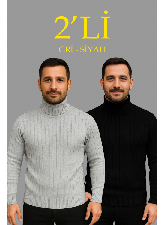 Erkek Fitilli Kazak Tam Boğazlı Balıkçı Yaka Triko 2'li Set Gri-Siyah Erkek Fitilli Kazak Tam Boğazlı Balıkçı Yaka Triko 2'li Set Gri-Siyah