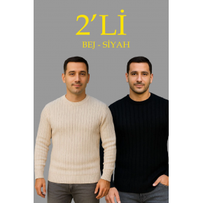 Erkek Fitilli Triko Kazak 2’li Set Bej Beyaz Kalın Dokuma Pamuklu Regular Fit Bisiklet