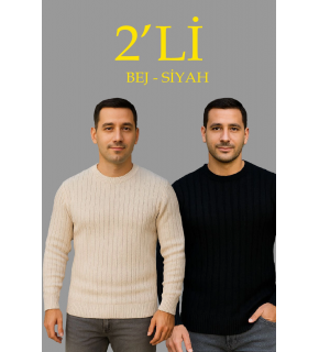 Erkek Fitilli Triko Kazak 2’li Set Bej Beyaz Kalın Dokuma Pamuklu Regular Fit Bisiklet