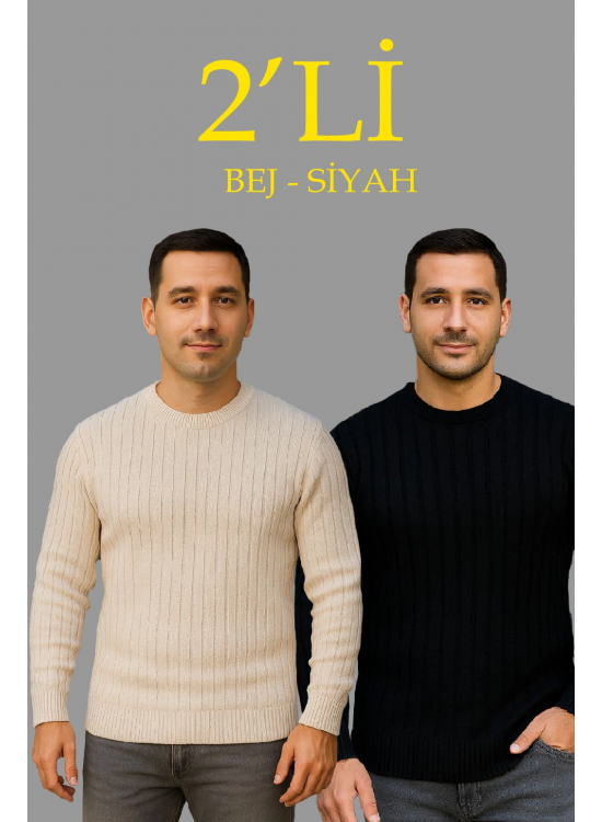 Erkek Fitilli Triko Kazak 2’li Set Bej Beyaz Kalın Dokuma Pamuklu Regular Fit Bisiklet Erkek Fitilli Triko Kazak 2’li Set Bej Beyaz Kalın Dokuma Pamuklu Regular Fit Bisiklet