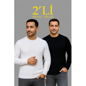 Erkek Fitilli Triko Kazak 2’li Set Siyah Beyaz Kalın Dokuma Pamuklu Regular Fit Bisiklet