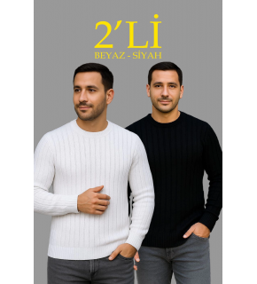 Erkek Fitilli Triko Kazak 2’li Set Siyah Beyaz Kalın Dokuma Pamuklu Regular Fit Bisiklet