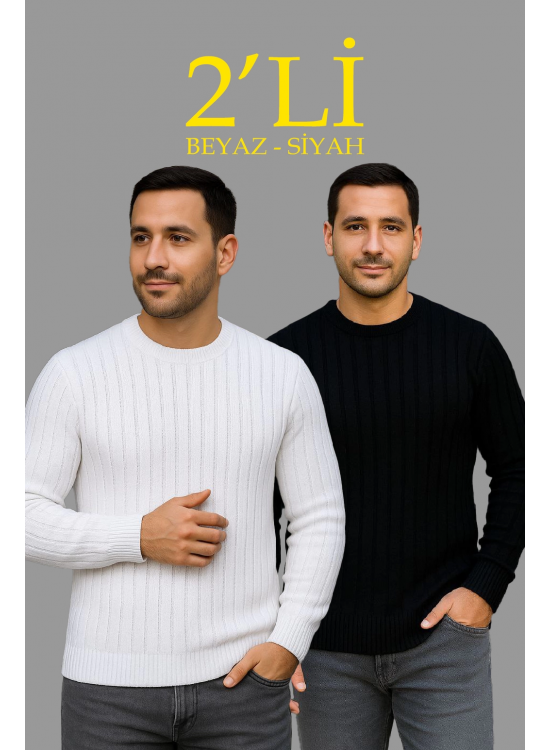 Erkek Fitilli Triko Kazak 2’li Set Siyah Beyaz Kalın Dokuma Pamuklu Regular Fit Bisiklet Erkek Fitilli Triko Kazak 2’li Set Siyah Beyaz Kalın Dokuma Pamuklu Regular Fit Bisiklet