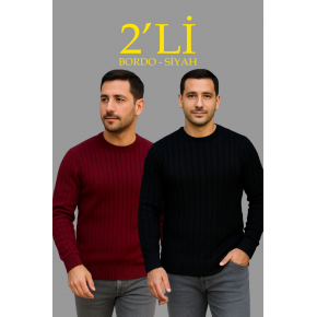 Erkek Fitilli Triko Kazak 2’li Set Siyah Bordo Kalın Dokuma Pamuklu Regular Fit Bisiklet