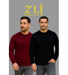 Erkek Fitilli Triko Kazak 2’li Set Siyah Bordo Kalın Dokuma Pamuklu Regular Fit Bisiklet