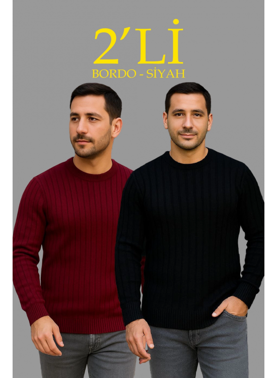 Erkek Fitilli Triko Kazak 2’li Set Siyah Bordo Kalın Dokuma Pamuklu Regular Fit Bisiklet Erkek Fitilli Triko Kazak 2’li Set Siyah Bordo Kalın Dokuma Pamuklu Regular Fit Bisiklet