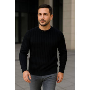 Erkek Fitilli Triko Kazak 2’li Set Siyah Bordo Kalın Dokuma Pamuklu Regular Fit Bisiklet