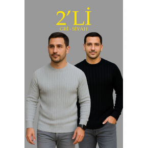 Erkek Fitilli Triko Kazak 2’li Set Siyah Gri Kalın Dokuma Pamuklu Regular Fit Bisiklet