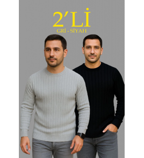 Erkek Fitilli Triko Kazak 2’li Set Siyah Gri Kalın Dokuma Pamuklu Regular Fit Bisiklet