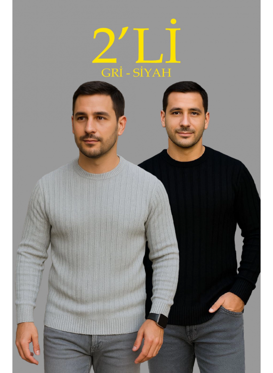 Erkek Fitilli Triko Kazak 2’li Set Siyah Gri Kalın Dokuma Pamuklu Regular Fit Bisiklet Erkek Fitilli Triko Kazak 2’li Set Siyah Gri Kalın Dokuma Pamuklu Regular Fit Bisiklet