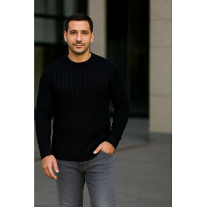 Erkek Fitilli Triko Kazak 2’li Set Siyah Beyaz Kalın Dokuma Pamuklu Regular Fit Bisiklet