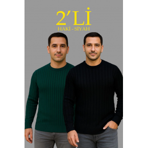 Erkek Fitilli Triko Kazak 2’li Set Siyah Haki Kalın Dokuma Pamuklu Regular Fit Bisiklet