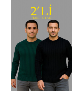 Erkek Fitilli Triko Kazak 2’li Set Siyah Haki Kalın Dokuma Pamuklu Regular Fit Bisiklet
