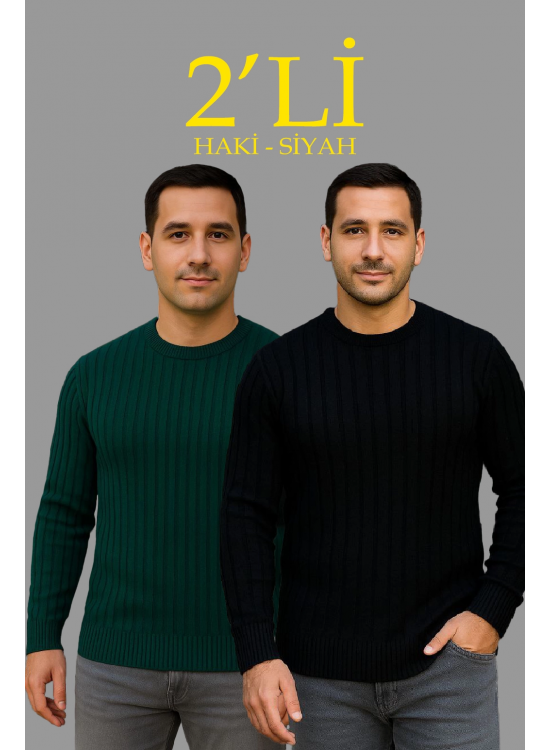Erkek Fitilli Triko Kazak 2’li Set Siyah Haki Kalın Dokuma Pamuklu Regular Fit Bisiklet Erkek Fitilli Triko Kazak 2’li Set Siyah Haki Kalın Dokuma Pamuklu Regular Fit Bisiklet