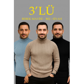 Erkek Fitilli Kazak Tam Boğazlı Balıkçı Yaka Triko 3'lü Set Bebek Mavisi-Bej-Siyah