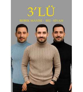 Erkek Fitilli Kazak Tam Boğazlı Balıkçı Yaka Triko 3'lü Set Bebek Mavisi-Bej-Siyah