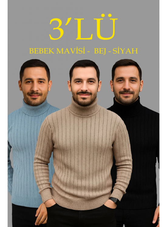 Erkek Fitilli Kazak Tam Boğazlı Balıkçı Yaka Triko 3'lü Set Bebek Mavisi-Bej-Siyah Erkek Fitilli Kazak Tam Boğazlı Balıkçı Yaka Triko 3'lü Set Bebek Mavisi-Bej-Siyah