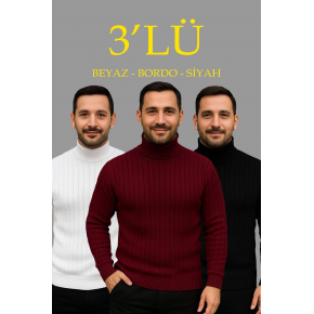 Erkek Fitilli Kazak Tam Boğazlı Balıkçı Yaka Triko 3'lü Set Beyaz-Bordo-Siyah