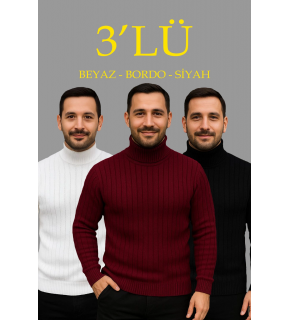 Erkek Fitilli Kazak Tam Boğazlı Balıkçı Yaka Triko 3'lü Set Beyaz-Bordo-Siyah