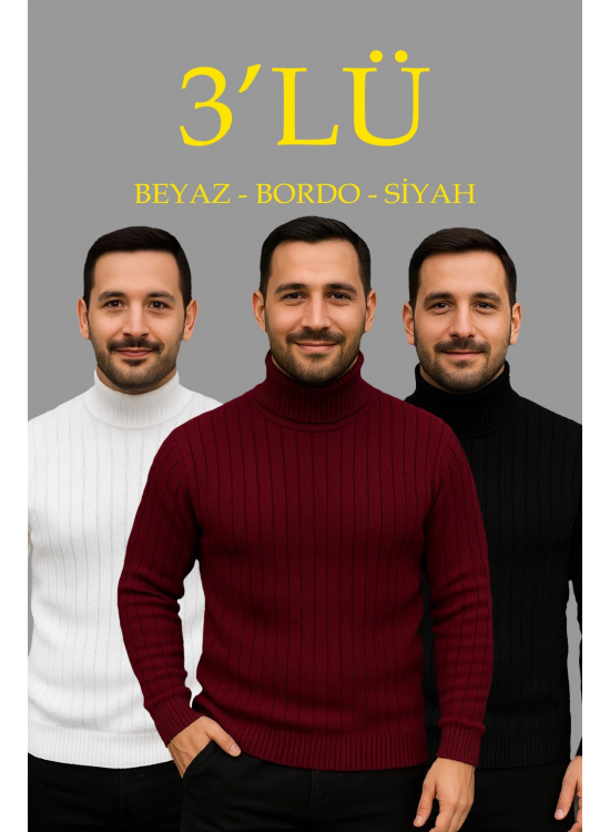Erkek Fitilli Kazak Tam Boğazlı Balıkçı Yaka Triko 3'lü Set Beyaz-Bordo-Siyah Erkek Fitilli Kazak Tam Boğazlı Balıkçı Yaka Triko 3'lü Set Beyaz-Bordo-Siyah