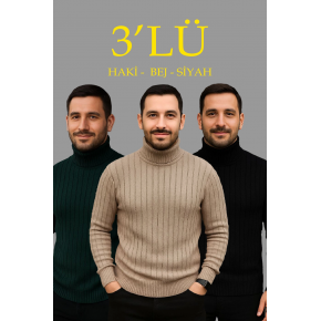 Erkek Fitilli Kazak Tam Boğazlı Balıkçı Yaka Triko 3'lü Set  Bej-Haki-Siyah
