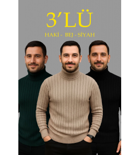Erkek Fitilli Kazak Tam Boğazlı Balıkçı Yaka Triko 3'lü Set  Bej-Haki-Siyah