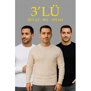 Erkek Fitilli Triko Kazak 3’lü Set Bej Beyaz Siyah | Kalın Dokuma Pamuklu Regular Fit