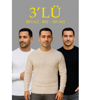 Erkek Fitilli Triko Kazak 3’lü Set Bej Beyaz Siyah | Kalın Dokuma Pamuklu Regular Fit