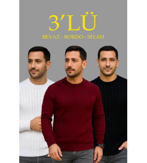 Erkek Fitilli Triko Bisiklet Yaka Kalın Kazak 3'lü Set Beyaz-Bordo-Siyah