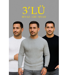 Erkek Fitilli Triko Bisiklet Yaka Kalın Kazak 3'lü Set Beyaz-Gri-Siyah