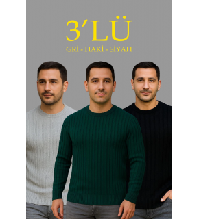 Erkek Fitilli Triko Bisiklet Yaka Kalın Kazak 3'lü Set Gri-Haki-Siyah