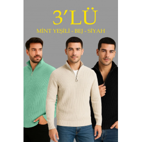 Erkek Fitilli Triko Kazak 3’lü Set Mint Yeşili Siyah Bej Kalın Dokuma Pamuklu Regular Fit