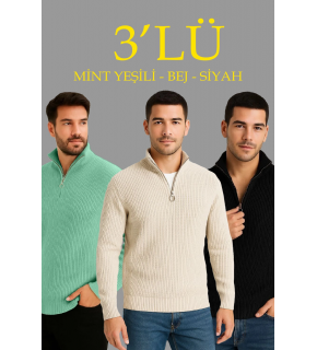 Erkek Fitilli Triko Kazak 3’lü Set Mint Yeşili Siyah Bej Kalın Dokuma Pamuklu Regular Fit
