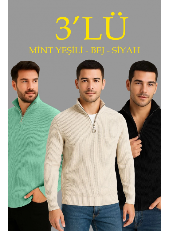 Erkek Fitilli Triko Kazak 3’lü Set Mint Yeşili Siyah Bej Kalın Dokuma Pamuklu Regular Fit Erkek Fitilli Triko Kazak 3’lü Set Mint Yeşili Siyah Bej Kalın Dokuma Pamuklu Regular Fit