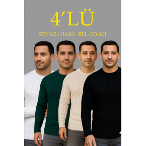 Erkek Fitilli Triko Bisiklet Yaka Kalın Kazak 4'lü Set Beyaz-Haki-Bej-Siyah