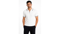 Erkek Fitilli Triko T-shirt Polo Yaka Yarım Fermuarlı Kısa Kollu Tişört - Beyaz Erkek Fitilli Triko T-shirt Polo Yaka Yarım Fermuarlı Kısa Kollu Tişört - Beyaz