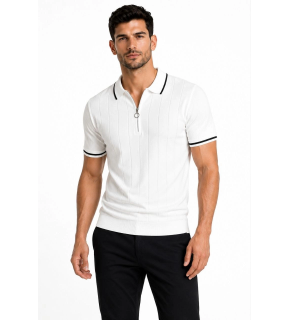 Erkek Fitilli Triko T-shirt Polo Yaka Yarım Fermuarlı Kısa Kollu Tişört - Beyaz