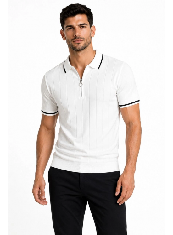 Erkek Fitilli Triko T-shirt Polo Yaka Yarım Fermuarlı Kısa Kollu Tişört - Beyaz Erkek Fitilli Triko T-shirt Polo Yaka Yarım Fermuarlı Kısa Kollu Tişört - Beyaz