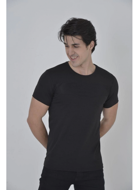 Erkek Gögüs Fileli T-Shirt Kısa Kol Bisiklet Yaka Slimfit Tişört - Siyah Erkek Gögüs Fileli T-Shirt Kısa Kol Bisiklet Yaka Slimfit Tişört - Siyah