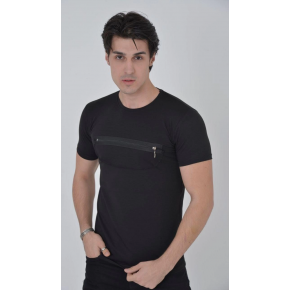 Erkek Gögüs Fermuarlı T-Shirt Kısa Kol Bisiklet Yaka Slimfit Tişört - Siyah