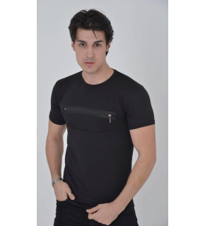 Erkek Gögüs Fermuarlı T-Shirt Kısa Kol Bisiklet Yaka Slimfit Tişört - Siyah