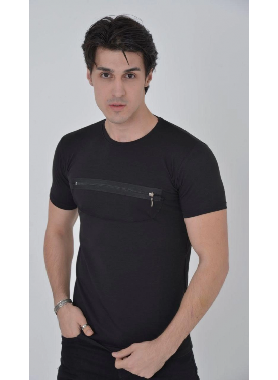 Erkek Gögüs Fermuarlı T-Shirt Kısa Kol Bisiklet Yaka Slimfit Tişört - Siyah Erkek Gögüs Fermuarlı T-Shirt Kısa Kol Bisiklet Yaka Slimfit Tişört - Siyah