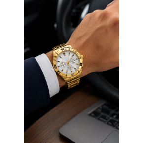 Erkek Gold Renk Metal Kordon Analog Kol Saati Beyaz Kadran Takvim Göstergeli