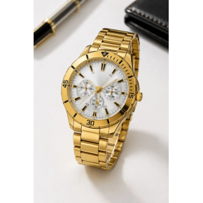 Erkek Gold Renk Metal Kordon Analog Kol Saati Beyaz Kadran Takvim Göstergeli
