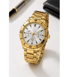 Erkek Gold Renk Metal Kordon Analog Kol Saati Beyaz Kadran Takvim Göstergeli