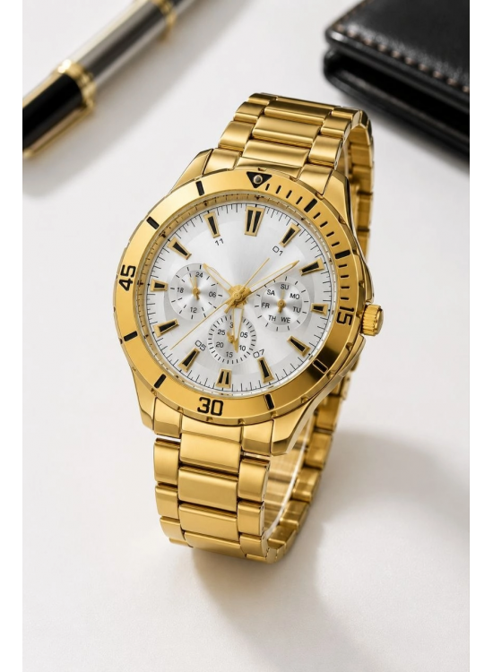 Erkek Gold Renk Metal Kordon Analog Kol Saati Beyaz Kadran Takvim Göstergeli Erkek Gold Renk Metal Kordon Analog Kol Saati Beyaz Kadran Takvim Göstergeli