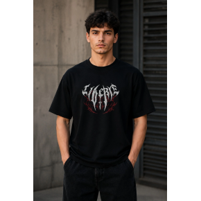 Erkek Gotik Yazı Baskılı Oversize Bisiklet Yaka T-Shirt - Siyah