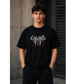 Erkek Gotik Yazı Baskılı Oversize Bisiklet Yaka T-Shirt - Siyah