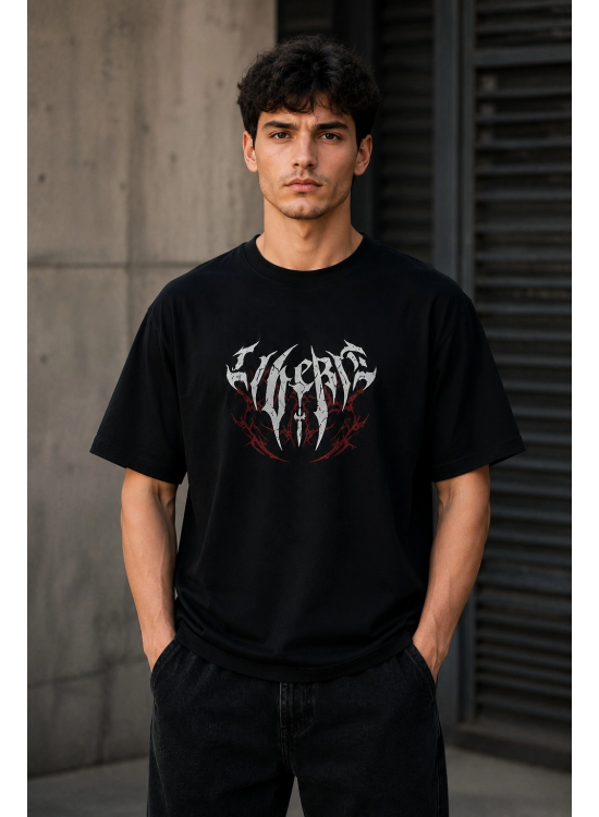 Erkek Gotik Yazı Baskılı Oversize Bisiklet Yaka T-Shirt - Siyah Erkek Gotik Yazı Baskılı Oversize Bisiklet Yaka T-Shirt - Siyah